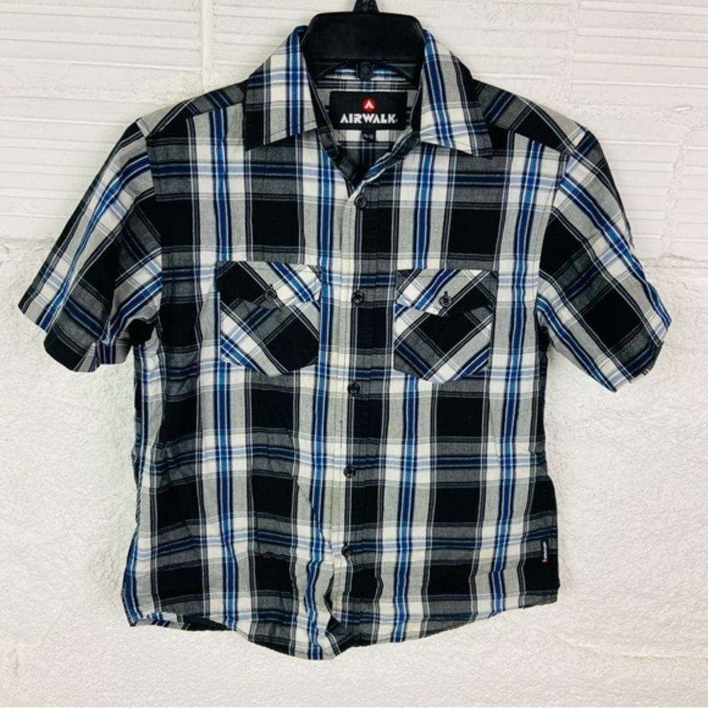 Airwalk Kids Black and Blue Plaid Button Down pocket short sleeve Shirt SZ 10